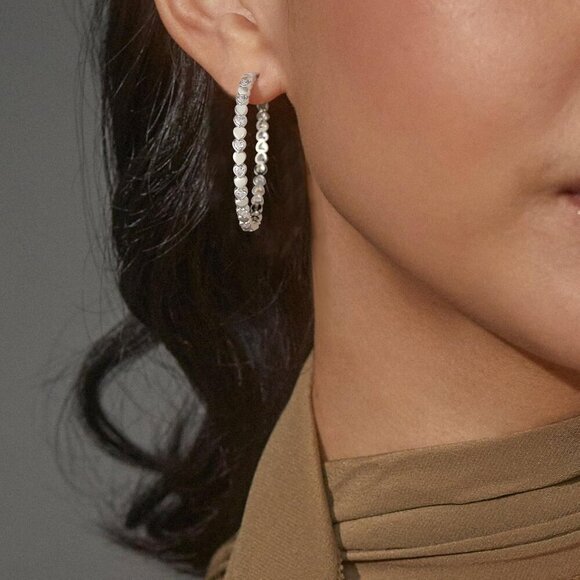 925 Silver-50mm Heart Cubic Zirconia Large Rhinestone Hoop Earrings for Womens - Picture 2 of 7